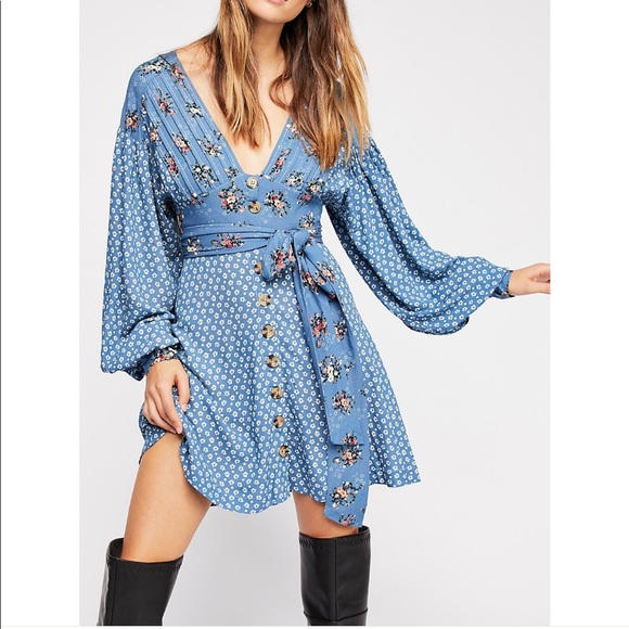 Free People Dresses & Skirts - Free People Rare Blue Wonderland Mini Dress NWOT